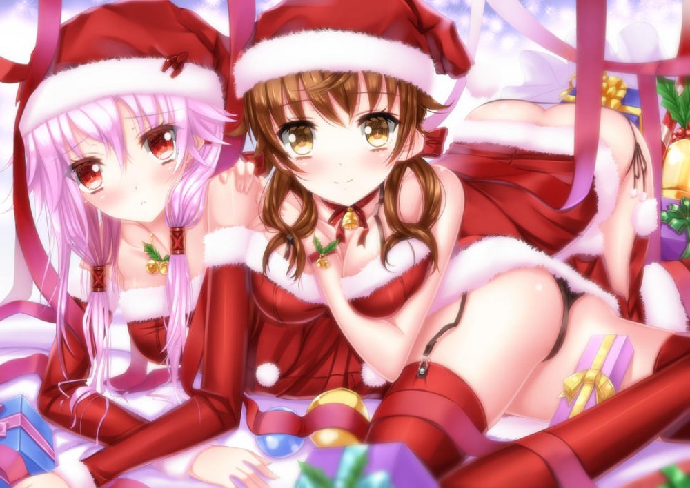 Konachan.com - 122668 2girls ass brown_hair christmas cleavage guilty_crown hat menjou_hare pant.jpg