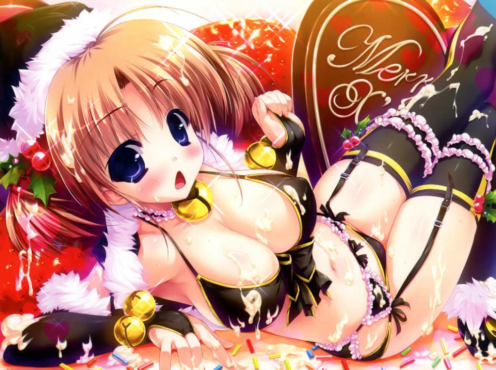 Konachan.com - 142410 amatsumi_sora_ni blush bra brown_hair christmas cleavage garter_belt kanza.jpg