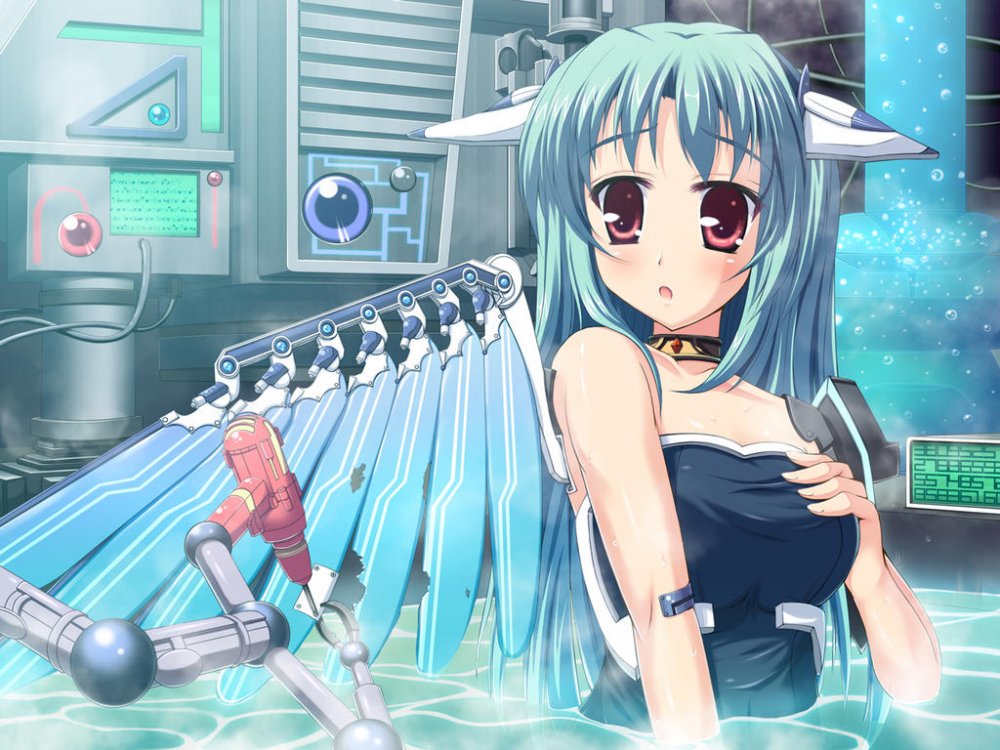Konachan.com - 84369 blue_hair long_hair red_eyes robot tagme water wings.jpg