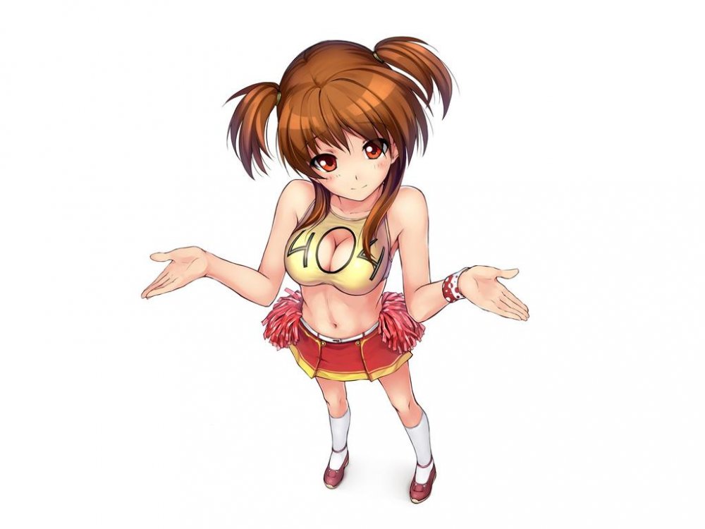 Konachan.com - 153767 atomix brown_hair cheerleader cleavage navel orange_eyes skirt.jpg