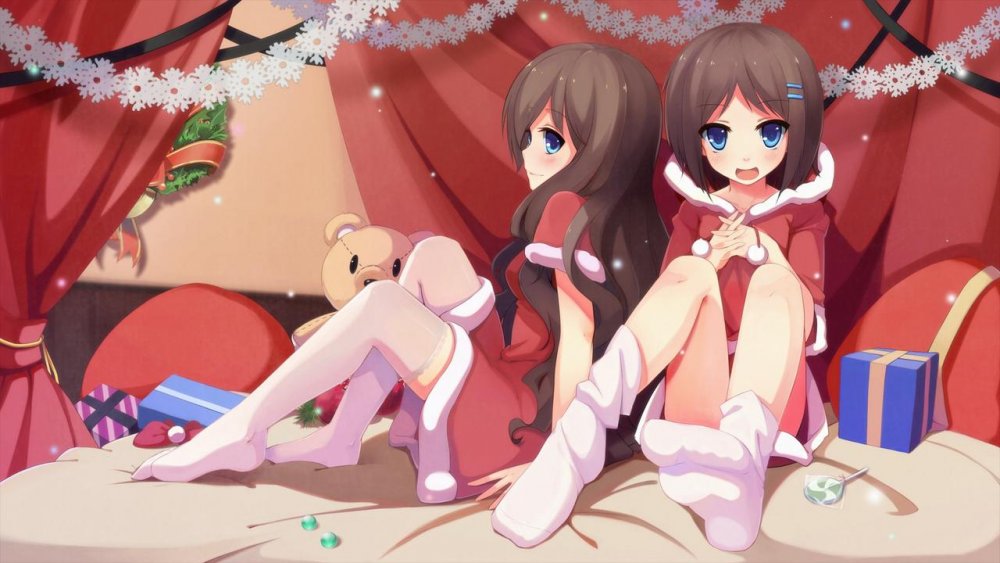 Konachan.com - 150662 bed blue_eyes brown_hair candy christmas nerv110 tagme teddy_bear thighhig.jpg
