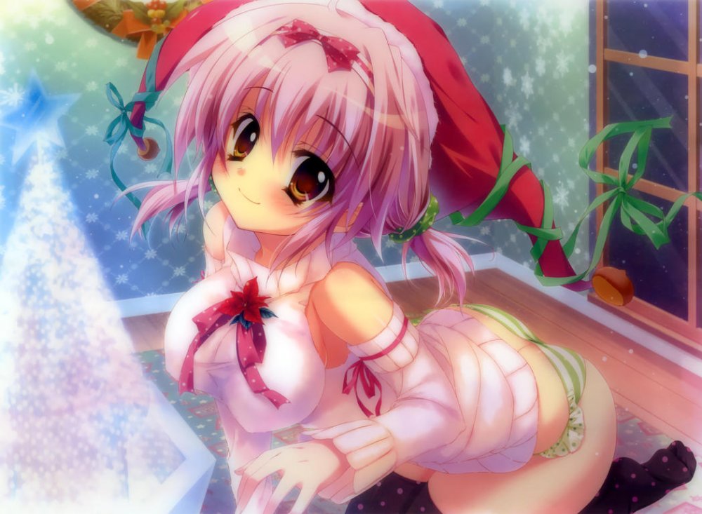 Konachan.com - 137381 christmas izumi_tsubasu original panties pink_hair striped_panties thighhi.jpg