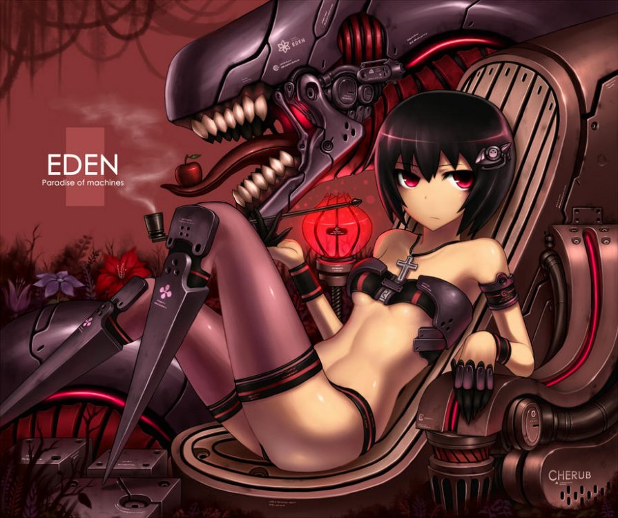 Konachan.com - 74793 black_hair gia original pink_eyes robot short_hair thighhighs.jpg