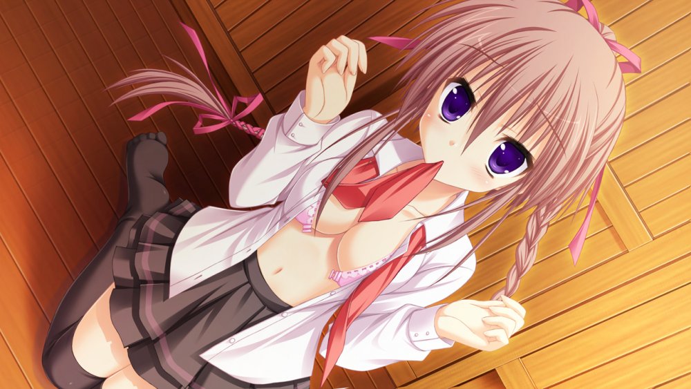 Konachan.com - 129235 blush bra brown_hair game_cg hatsuyuki_sakura kozakai_aya open_shirt purpl.jpg